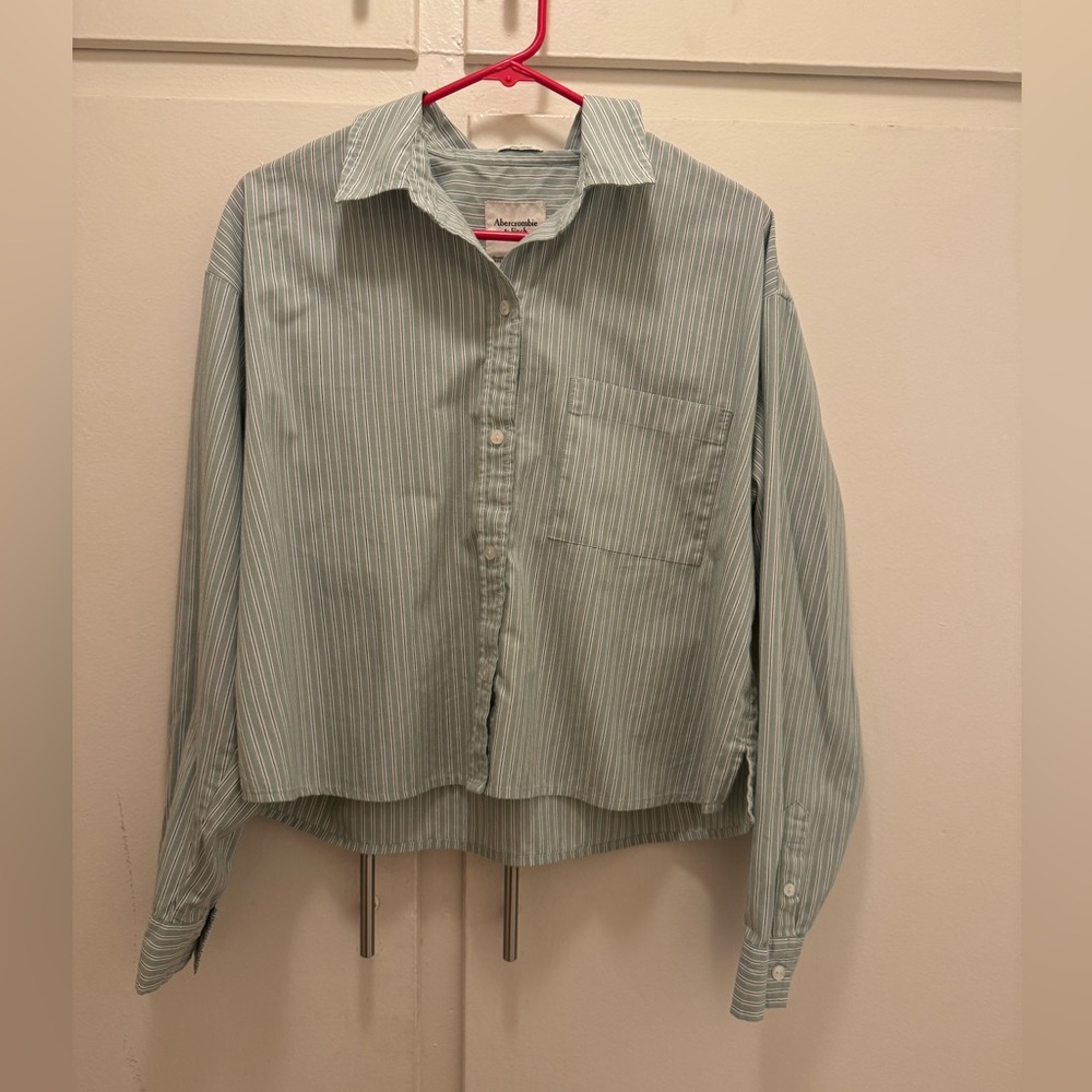 Abercrombie & Fitch Green Stripe Oversized Cropped Poplin Shirt